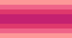 A flag with 6 equal horizantal stripes and 1 thick stripe in the middle. The colors are symmetrical. The colors are peach, pink, hot pink, and magenta.