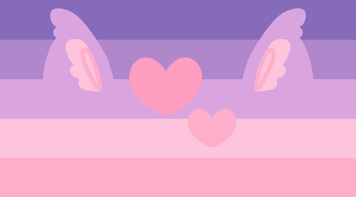 A flag with 5 equal horizantal stripes and cat ears spouting from the middle line. The colors are dark purple, purple, light purple, light pink, and pink. There are 2 hearts in the center.
