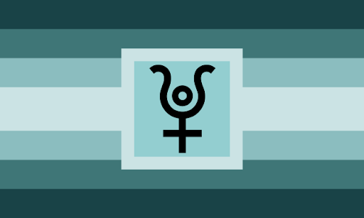 A flag with 6 equal horizontal stripes and a thicker stripe in the middle. The colors are symetrical and are dark turqoise to light turquoise. There is a box in the center with a black symbol inside of it. It is the female symbol, but it has lines that that curve outward and down with a smaller circle inside at the top.