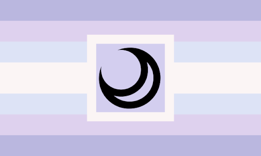 The aren pride flag. It has 7 stripes with a thicker stripe in the middle. The colors are symmetrical. The 1st and 7th stripes are a pastel, desaturated blue. The 2nd and 6th stripes are a pastel, desaturated purple. The 3rd and 5th stripes are pastel blue. The middle stripe is white. In the center there's a pastel purple square outlined in white. In the sqaure there's a black outline of a cresent moon.