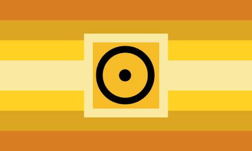 The Aur pride flag, it has 7 stripes with a thicker middle stripe. The colors are symmetrical and are shades of yellow/gold. The 1st and 7th stripes are dark yellow/gold, almost orange. The 2nd and 6th stripes are desaturated yellow. The 3rd and 5th stripes are yellow/gold. The 4th stripe is a light yellow. In the middle there's a golden sqaure with a light yellow outline. In the sqaure is a black circle with a dot in the middle.