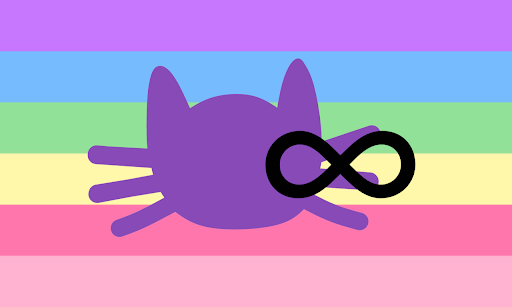 The auticatgender pride flag. It has 7 stripes. From top to bottom the colors are purple, blue, green, yellow, hot pink, and pink. All the stripes are soft and pastel. It has the purple catgender symbol and a black infinity symbol in the middle.