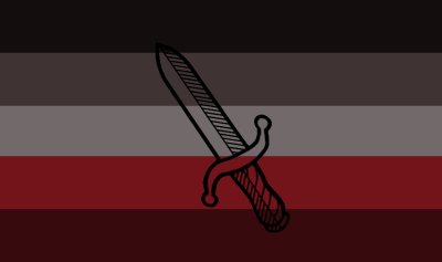 A flag with 5 equal horizontal stripes. The 1st is black, the 2nd is a desaturated brown, the 3rd is grey, the 4th is red, and the 5th is dark red. In the middle is a black outline of a knife.