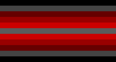 The bloodcoric pride flag. There's 11 stripes. The 1st and 11th stripes are black. The 2nd, 6th, and 10th stripes are grey. The 3rd and 9th stripes are dark red. The 4th and 8th stripes are red. The 5th and 7th stripes are bright red.