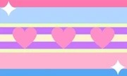 The Catcutegender pride flag. It has 9 stripes. From top to bottom the colors are hot pink, light blue, yellow,  purple, yellow, purple, yellow, pink, and blue. There's three hearts in the center lined up horizontally. There's two, white sparkles in the top left and bottom right corners.