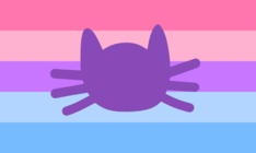 The Catgender pride flag. It has 5 stripes. From top to bottom the colors are hot pink, pink, light purple, light blue, and blue. It has the purple catgender symbol in the middle.