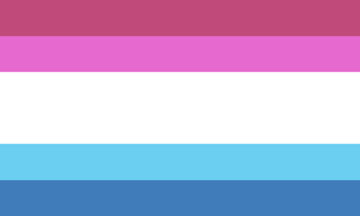 A flag with 5 stripes, the middle one is thicker than the rest. The colors are hot pink, light pink, white, light blue, and blue.