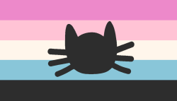 A flag with 5 equal horizontal stripes. The colors are pink, orange, yellow, greenish-blue, and black. It has a black catgender symbol in the middle.