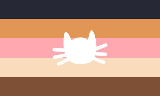 The cattix pride flag. It has 5 stripes. From top to bottom the colors are dark grey, orange, pink, cream, and brown. There's a white catgender symbol in the middle.