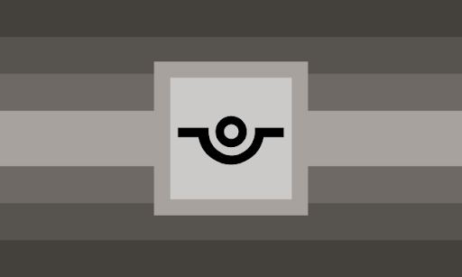 A flag with 7  horizontal stripes, the middle one is thicker than the others. The colors are symmetrical and are grandient of dark brown-ish grey to light brown-ish grey. There's a square in the center that has a black symbol in it. The symbol is a black line with a dip in the middle of it, the dip has a small circle in it.