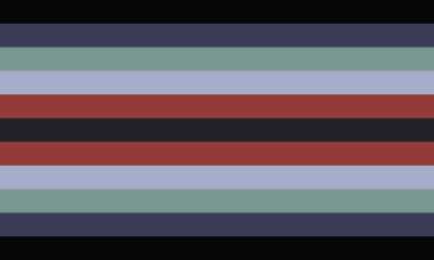 The crypdostaesic pride flag, it has 9 stripes and the colors are symmetrical. The 1st and 9th stripe are dark blue. The 2nd and 8th stripes are a desaturated green. The 3rd and 7th stripes are cyan. The 4th and 6th stripes are red. The 5th stripe is black.