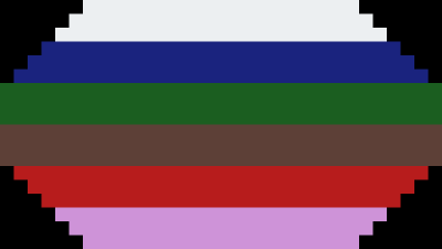 The cryptidcoric pride flag. It has 6 stripes. From top to bottom the colors are white, blue, green, brown, red, and pink. The corners are cut diagnolly with black pixals.