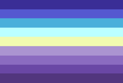 A flag with 9 equal, horizontal stripes. From top to bottom the colors are dark blue, blue, cyan, light blue, yellow, pastal purple, light purple, purple, and dark purple.