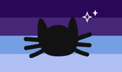 The duskcatboy pride flag. It has 4 stripes. Form top the bottom the colors are dark blue, purple-ish blue, cyan, and light blue. There's a black catgender symbol in the middle with 2 sparkles above and to the right of the symbol.