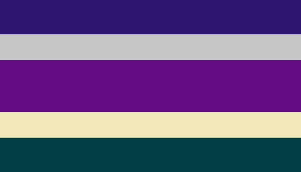 A flag with 5 stripes. The outer and middle ones are thicker than the others. The colors are blue, grey, purple, sand, and dark green.