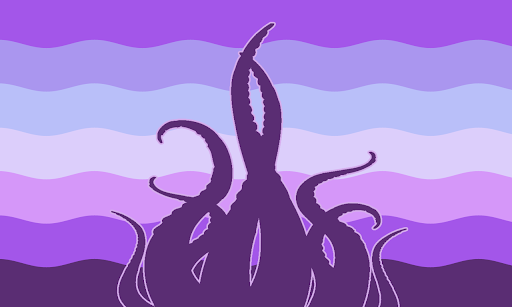 A flag with 7 equal, wavy, and horizontal stripes. The colors are a grandient of purple, light blue, light purple, and dark purple. There's a mass of dark purple tenticles coming from the bottom.