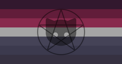 The emocatgender pride flag. It has 7 stripes. The top part is a grandient from purple to maroon. The middle stripe is off-white. The last 3 stripes are a grandient from blue-ish grey to dark blue-ish grey. In the middle is a black pentagram and a symbol of a cat head that's transparent.