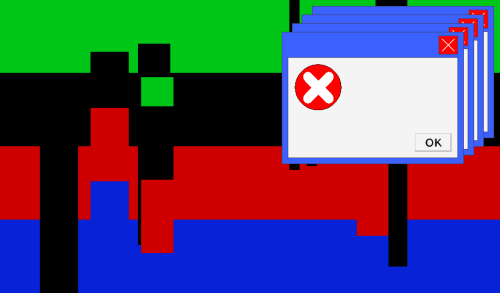 A flag with 4 stripes that are all pixely and uneven. The colors are green, black, red, and blue. There's 4 error windows overlayed eachother in the top right corner.