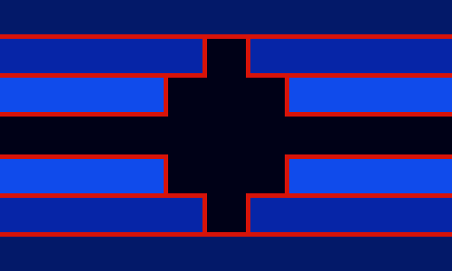 A flag with 7 equal horizontal stripes. The colors are symmetrical and are dark blue, blue, light blue, and then black. There's a black pixal diamond in the center. All the stripes are outlined in red.