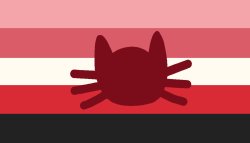 The evilcatboygender pride flag. It has 5 stripes. From top to bottom the colors are pink, light red, white, red, and black. In the middle is a dark red catgender symbol.
