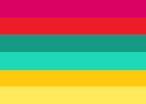 A flag with 6 equal horizontal stripes. The colors are hot pink, red, dark cyan, cyan, dark yellow, and yellow.
