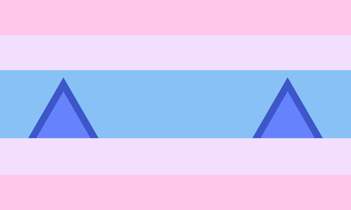 A flag with 5 horizontal stripes, the middle one is thicker than the others. The colors are symmetrical. They are pink, pale pink, and cyan. In the middle stripes there's 2 blue traingles that look like cat ears.