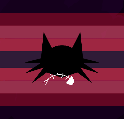 A flag with 9 equal horizontail stripes. The colors are symmetricals. They are dark purple, dark red, pale red, red, and pale purple. There's a cat head with a fish skeleton in it's mouth in the center of the flag.