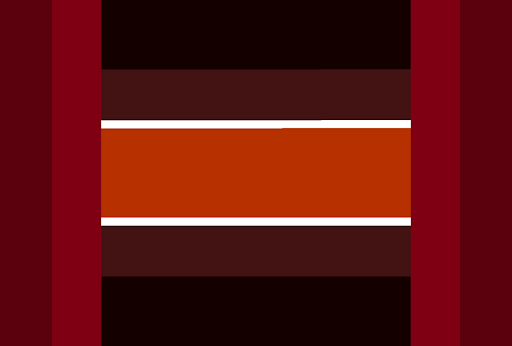 A flag with 4 equal vertical stripes and 5 horizontal stripes. The outside and middle  horizontal stripes are thicker. The colors are symmetrical. The two vertical stripes are dark red and red. The horizontal stripes are a grandient of dark red to red. The middle stripe is outlined in white.