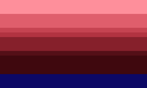 A flag with 8 horizontal stripes. The 3rd, 4th, and 6th stripes are thiner than the rest. The colors are a grandient from pink to dark red. The bottom stripe is dark blue.