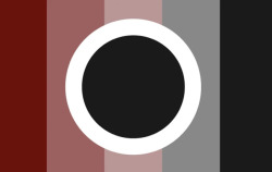 A flag of 5 equal vertical stripes. They are red, desaturated red, pale pink, grey, and black. In the center is a black circle with a thick, white outline.