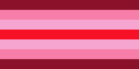 A flag with 7 equal horizontal stripes and symmetrical colors. The colors are dark red, pink, pale pink, and red.
