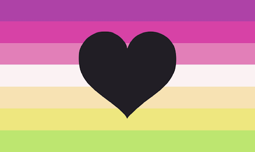 A flag with 7 equal horizontal stripes. The colors are purple, magenta, pink, white, cream, yellow, and light green. There's a black heart in the center.
