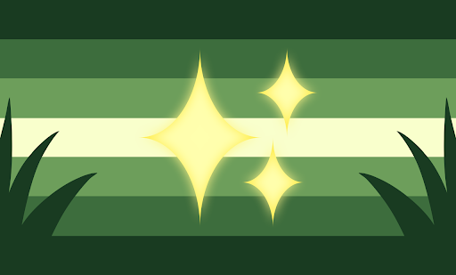 A flag with 7 equal horizontal stripes. The colors are symmetrical. The colors are dark green, green, light green, and yellow. There's dark green grass on the bottom and yellow sparkles in the center.
