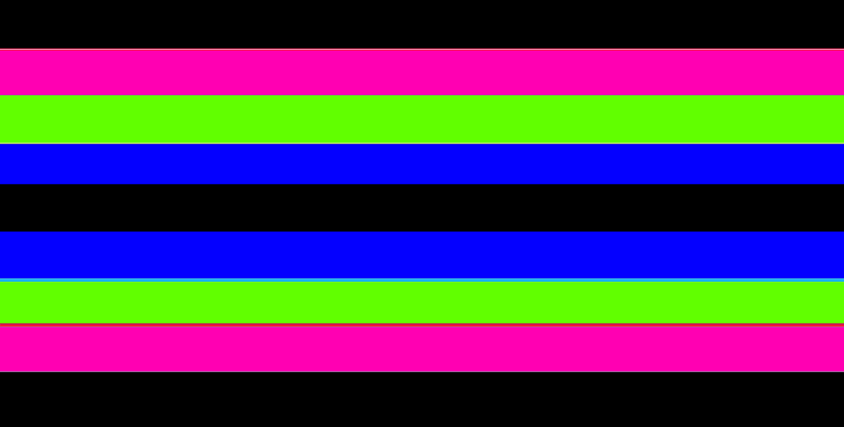 A flag with 9 equal horizontal stripes. The colors are symmetrical. The colors are block, pink, green, blue, and black.