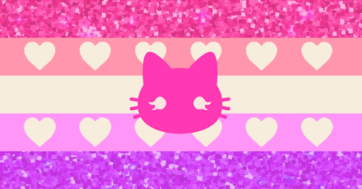 A flag with 5 equal horizontal stripes. The first stripe is a pink glitter texture, it's then pastel red, cream, pastel purple, and a purple glitter texture. The red and purple stripes have small, cream hearts on them. There's a cat heard with cream colored eyes and eyelashes in the center.