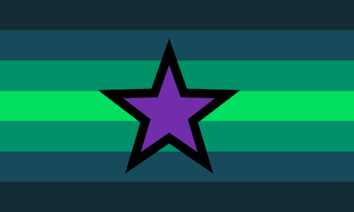 A flag with 7 equal horizontal stripes and symmetrical colors. The colors are Dark blue, dark cyan, dark green, and green. There's a purple star with a thick black outline in the center.