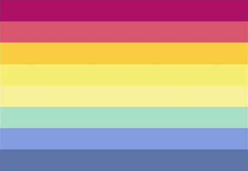 A flag with 8 equal horizontal stripes. The colors are dark red, red, orange, yellow, cream, green, blue, and dark blue.
