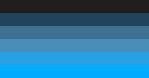 A flag with 6 equal horizontal stripes. The colors are a grandiet from black to blue.