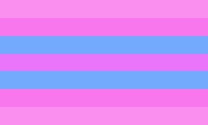 A flag with 7 equal horizontal stripes and symmetrical colors. The colors are pinks, dark pink, blue, and purple-ish pink.