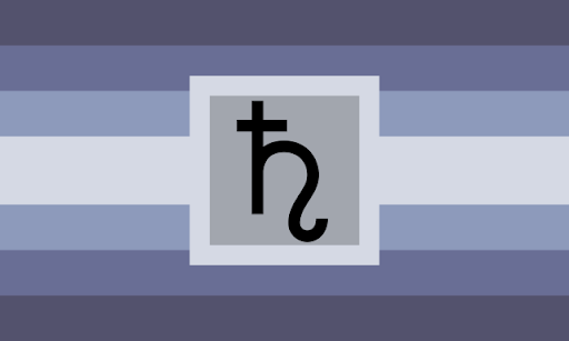 A flag with 7 horizontal stripes, the middle stripe is thicker than the others. The colors are symmetrical and are a grandiet to a cool, dark blue to a cool light blue. In the center is a square with a black letter h, but with a line through the top and a hook at the bottom, in the center.
