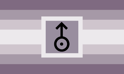 A flag with 7 horizontal stripes. the middle stripe is thicker than the rest. The colors are symmetrical and are a grandiet of pale purple to light pale purple. There's a square with a black symbol in the center. The symbol is a circle with a dot in it and an arrow from the circle pointing upwards.