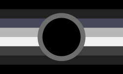 A flag with 8 equal horizontal stripes. The colors are black, dark grey, dark blue, light grey, white, grey, dark grey, and black. There's a black circle with a thick, grey outline in the center.