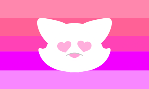 A flag with 5 equal horizontal stripes. THe colors are pale pink, pink, hot pink, magenta, and pale magenta. There's a white cat head sticking it's tongue out with heart eyes.