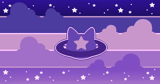 A flag with 5 equal horizontal stripes with clouds forming from them. The colors are dark blue, blue-ish pruple, pale light purple, light purple, and purple. All stripes are outline in pink. There's a purple cat head with a purple ring around it anf a pale light purple star on it's forehead in the center.