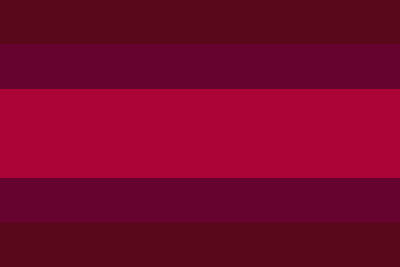 A flag with 5 horizontal stripes, the middle one is thicker than the rest. The colors are symmetrical and are dark red, dark magenta, and red.