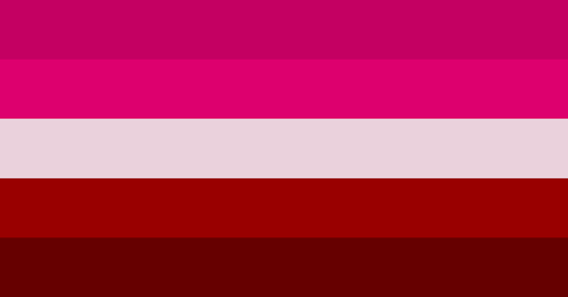 A flag with 5 equal horizontal stripes. The colors are dark hot pink, hot pink, white, red, and maroon.