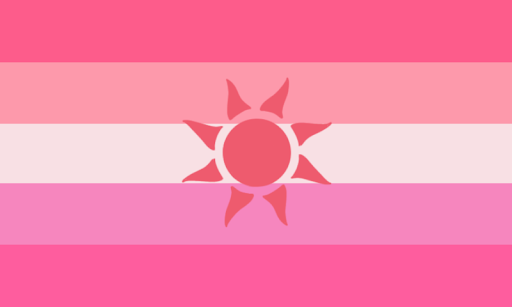 A flag with 5 equal horizontal stripes. The colors are hot pink, pale orange, cream, pale magenta, and pink. There's a hot pink sun in the center.