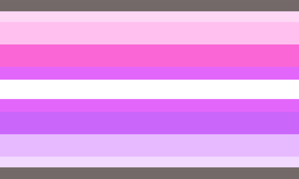 A flag with 11 horizontail stripes. The 1st, 2nd, 5th, 7th, 10th, and 11th stripes ar ethinner than the rest. The colors are grey, pale pink, pink, hot pink, magenta, white, magenta, purple, desaturated purple, pale purple, and grey.