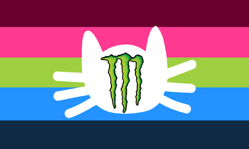 A flag with 5 equal horizontal stripes. The colors are maroon, pink, lie green, blue, and dark blue. The center has a white cat head with the monster energy symbol inside it.