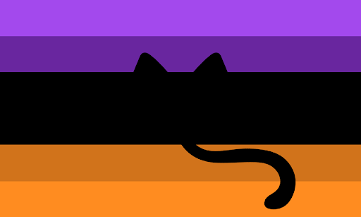 A flag with 5 horizontal stripes, the middle one is thicker than the rest. The colors are purple, dark purple, black, dark orange, and orange. There's a black ears and tail coming from the black stripe.